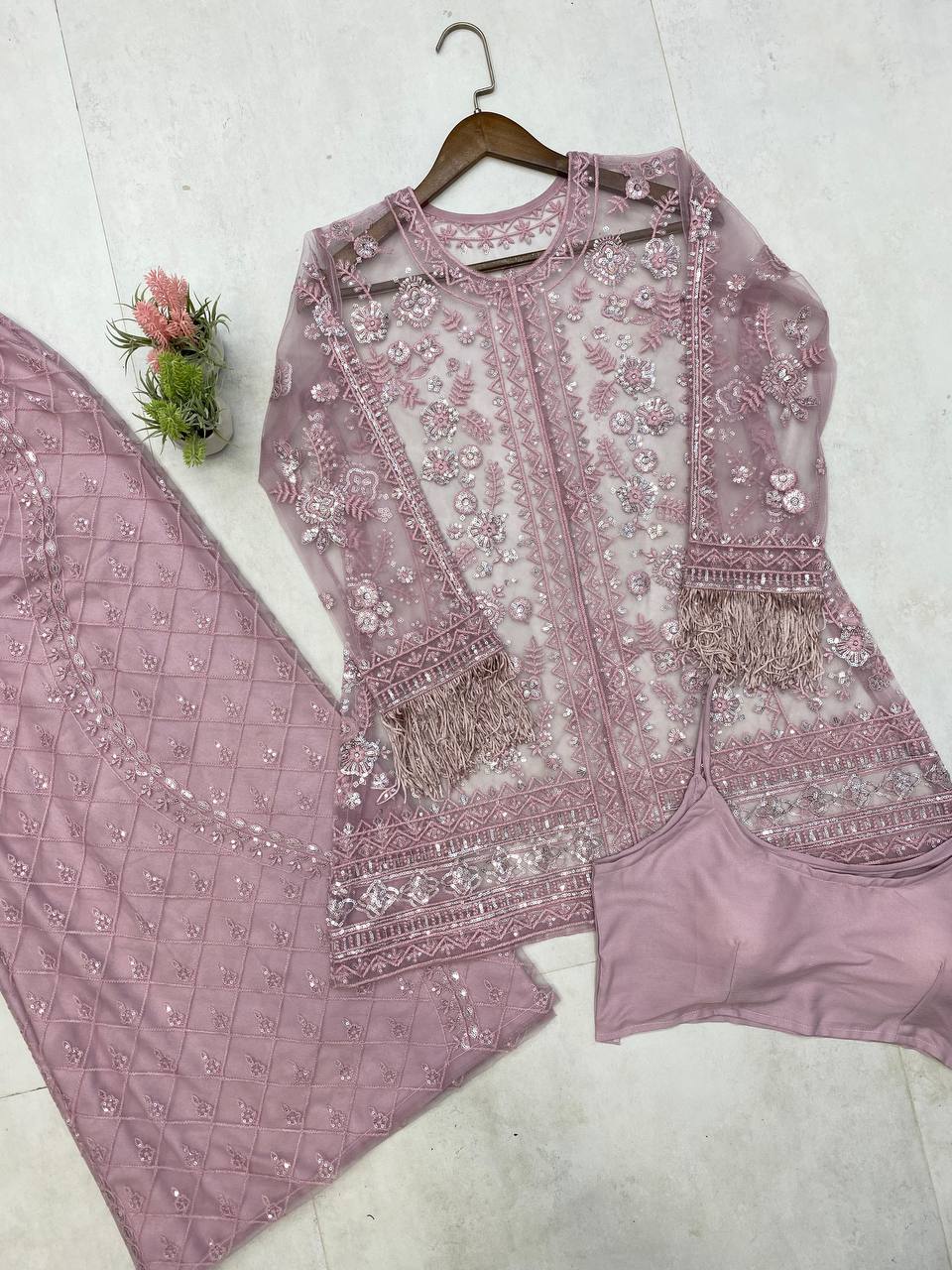 Designer Butterfly Net Top Palazzo Set with Blouse
