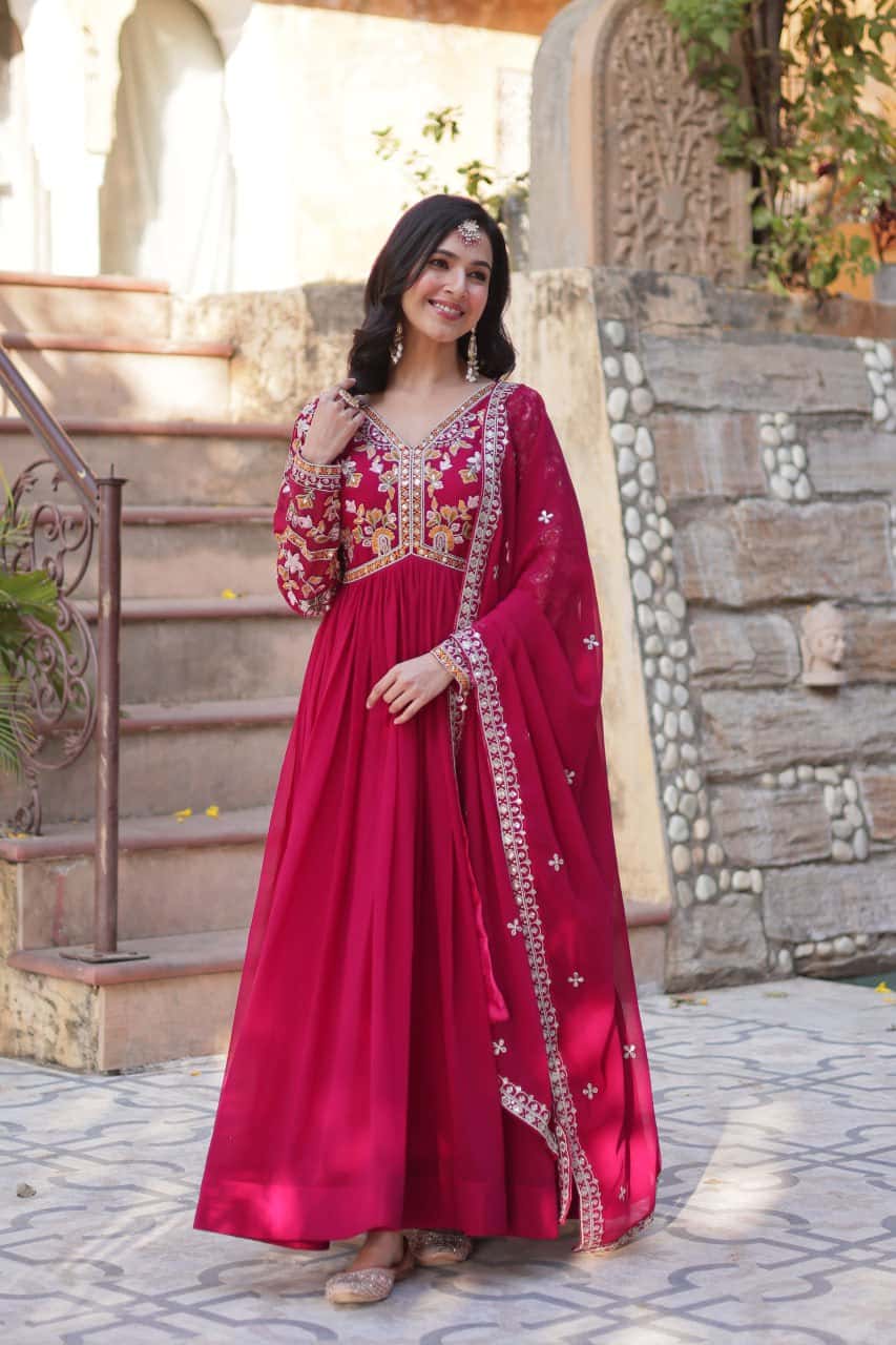 "Exquisite Faux Blooming Embroidered Gown with Sequins & Designer Dupatta Set"