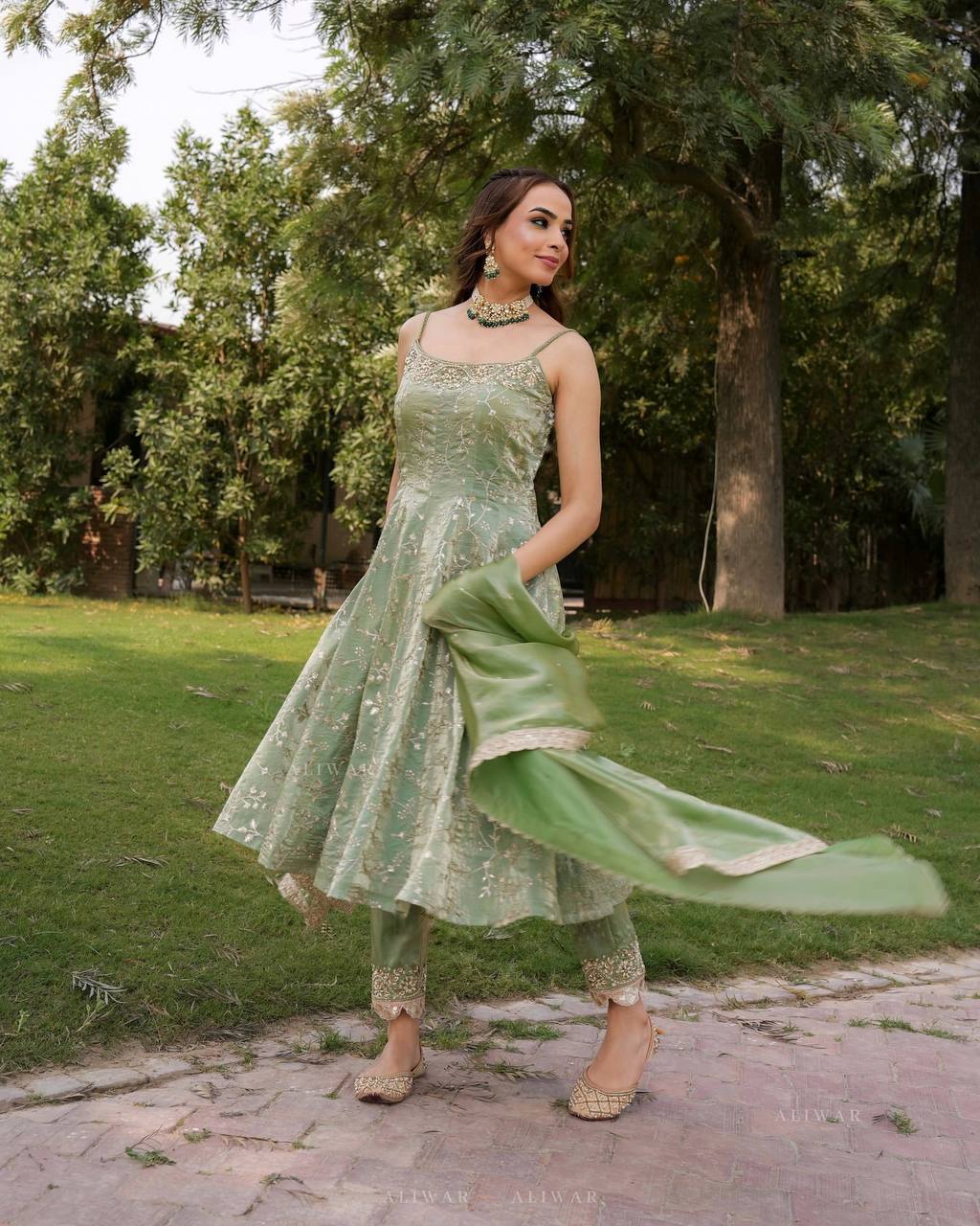 Designer Party Wear Gown with Embroidered Dupatta in Fandy Silk