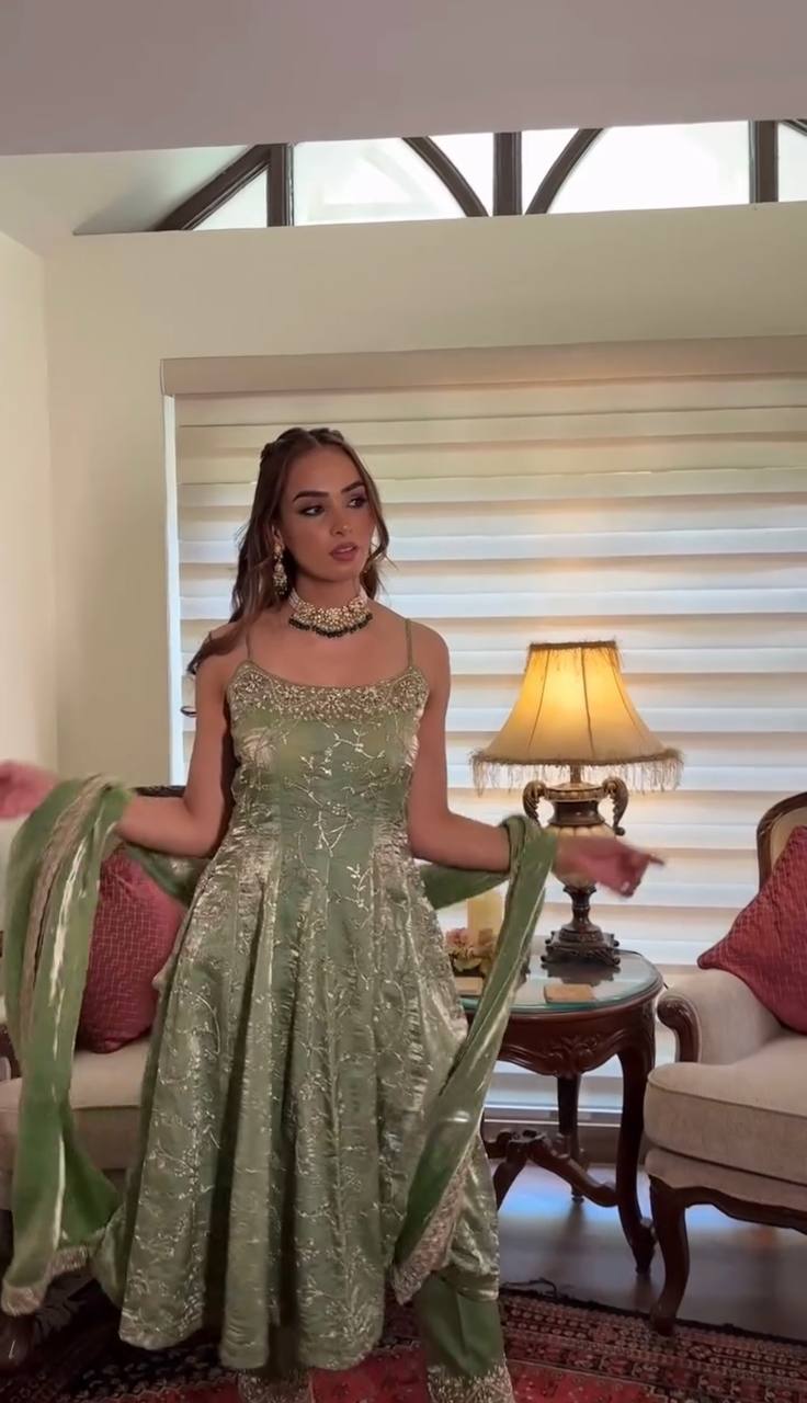 Designer Party Wear Gown with Embroidered Dupatta in Fandy Silk