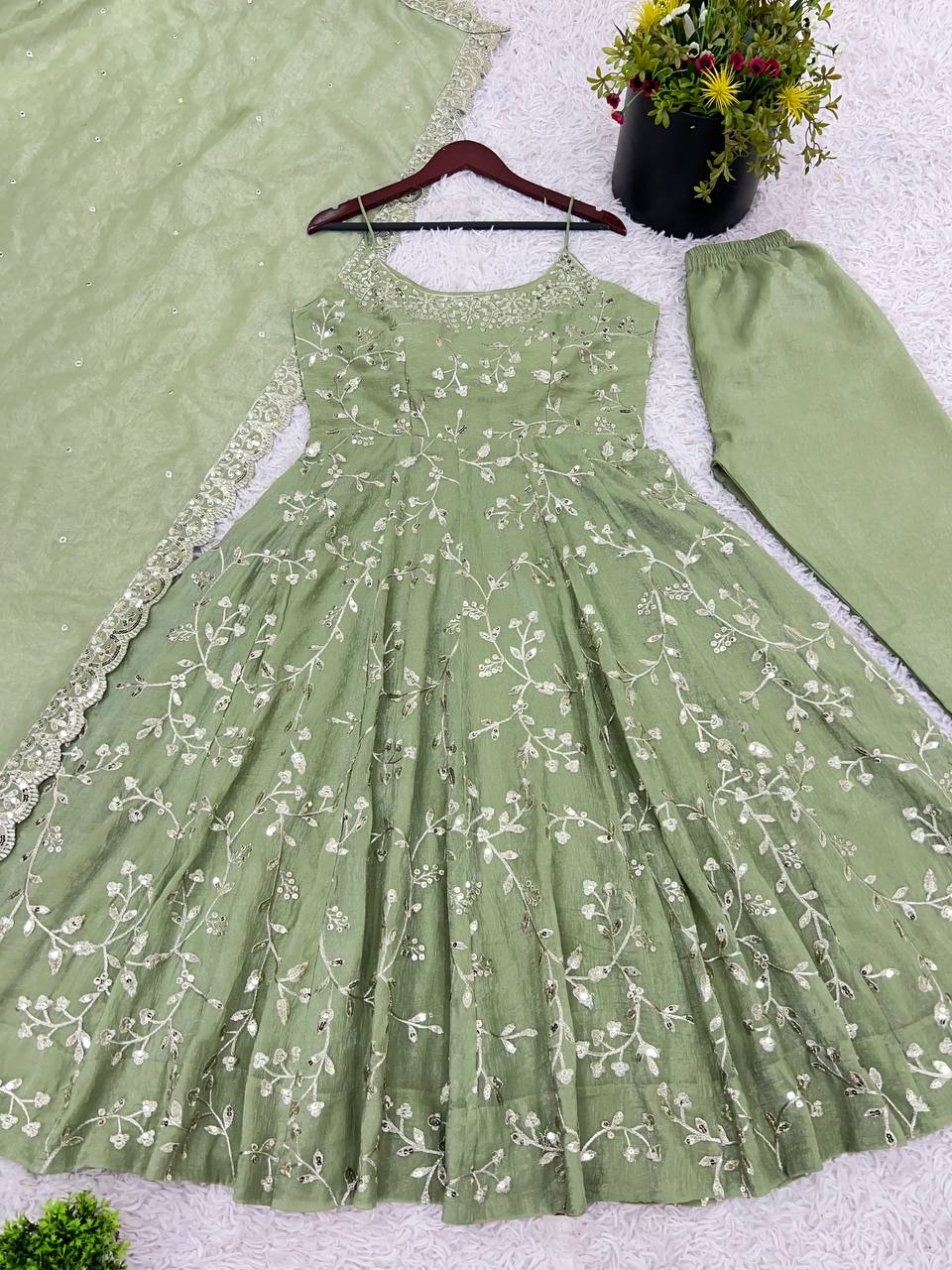 Designer Party Wear Gown with Embroidered Dupatta in Fandy Silk