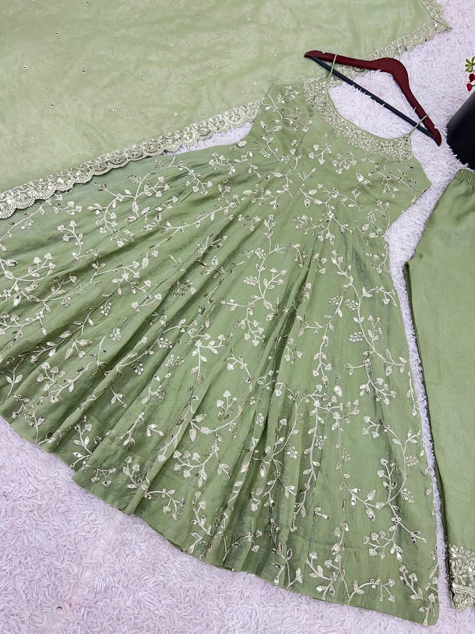 Designer Party Wear Gown with Embroidered Dupatta in Fandy Silk