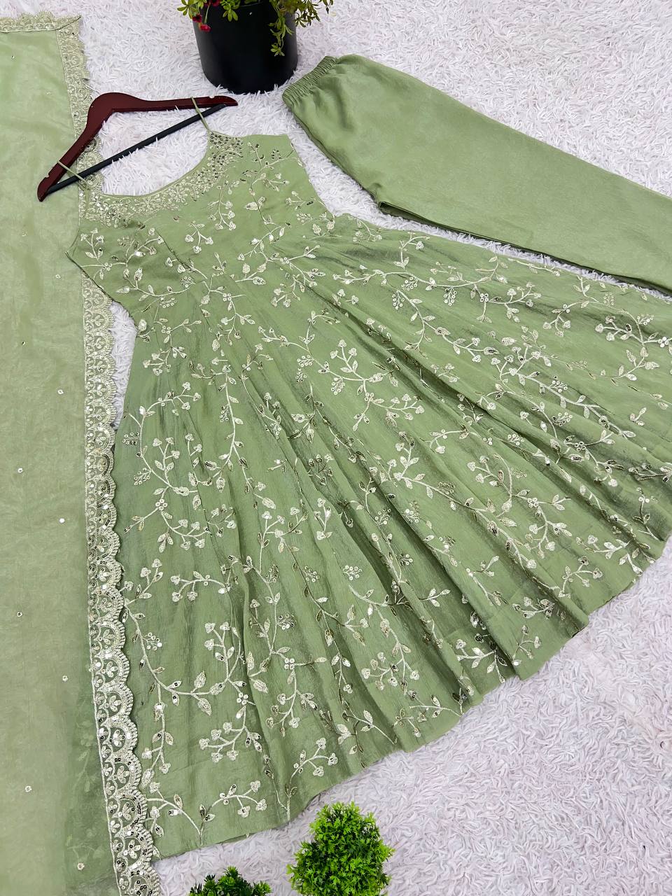 Designer Party Wear Gown with Embroidered Dupatta in Fandy Silk