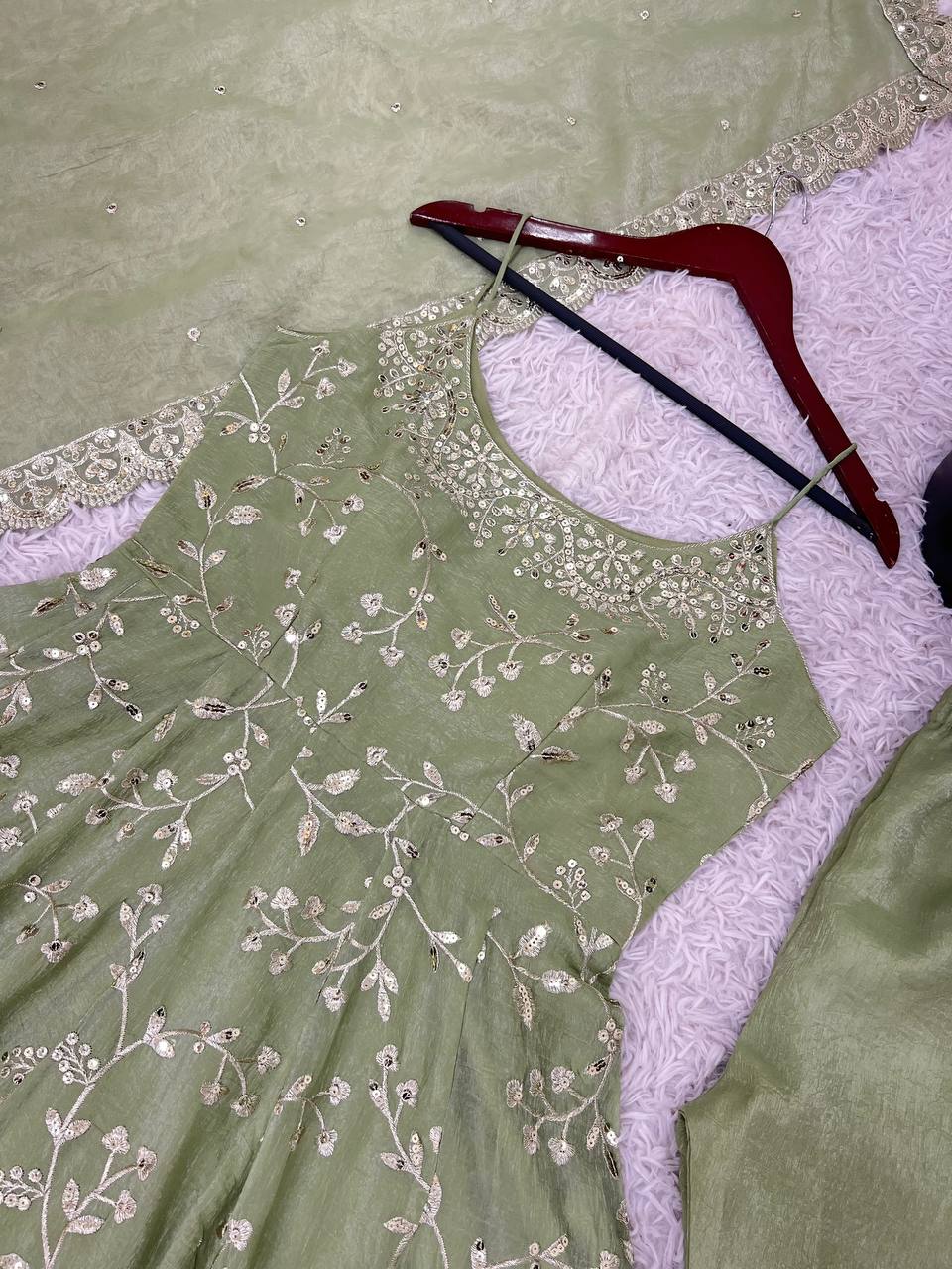 Designer Party Wear Gown with Embroidered Dupatta in Fandy Silk
