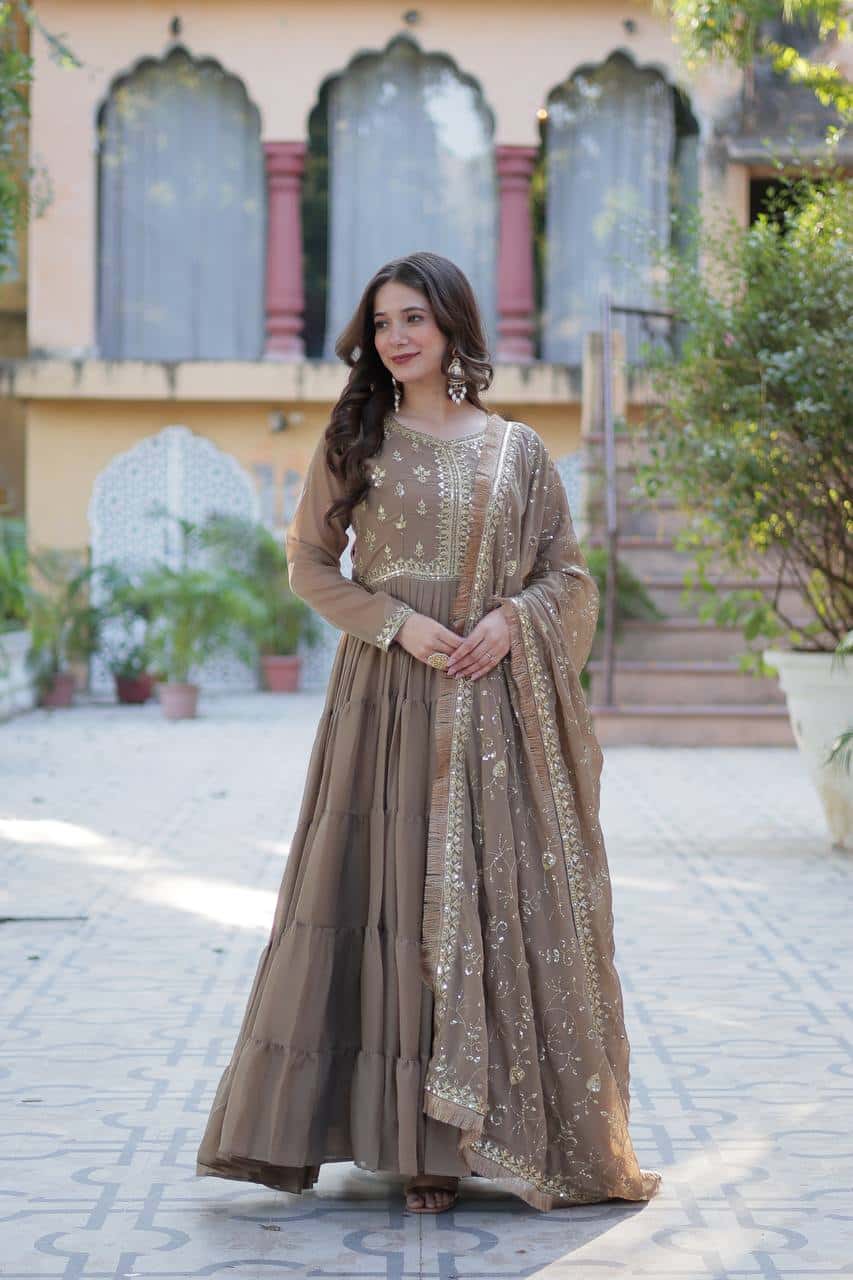 "Premium Star Georgette Gown with Rich Sequins Embroidery & Lace Dupatta "