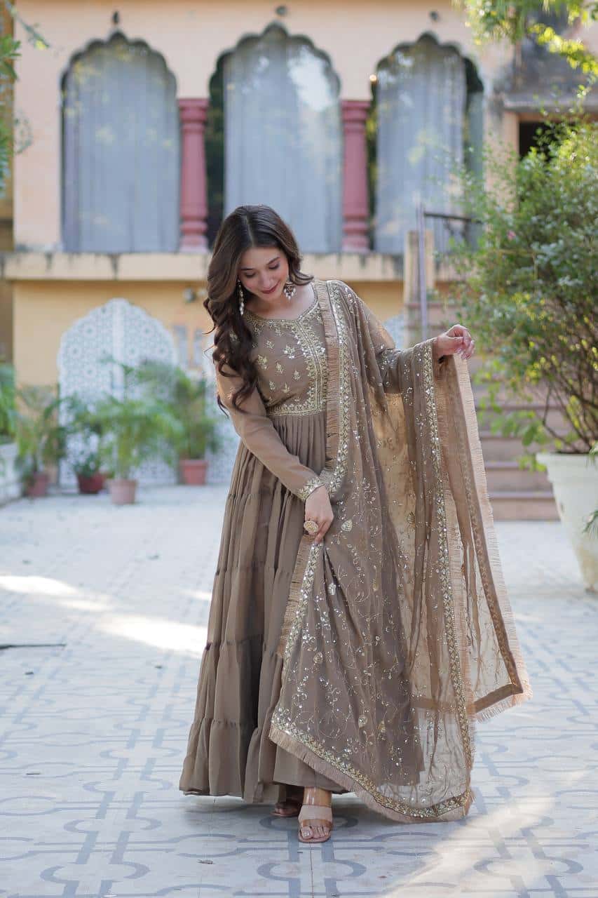 "Premium Star Georgette Gown with Rich Sequins Embroidery & Lace Dupatta "