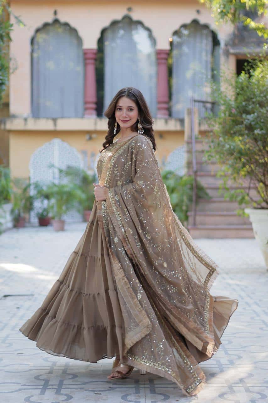 "Premium Star Georgette Gown with Rich Sequins Embroidery & Lace Dupatta "