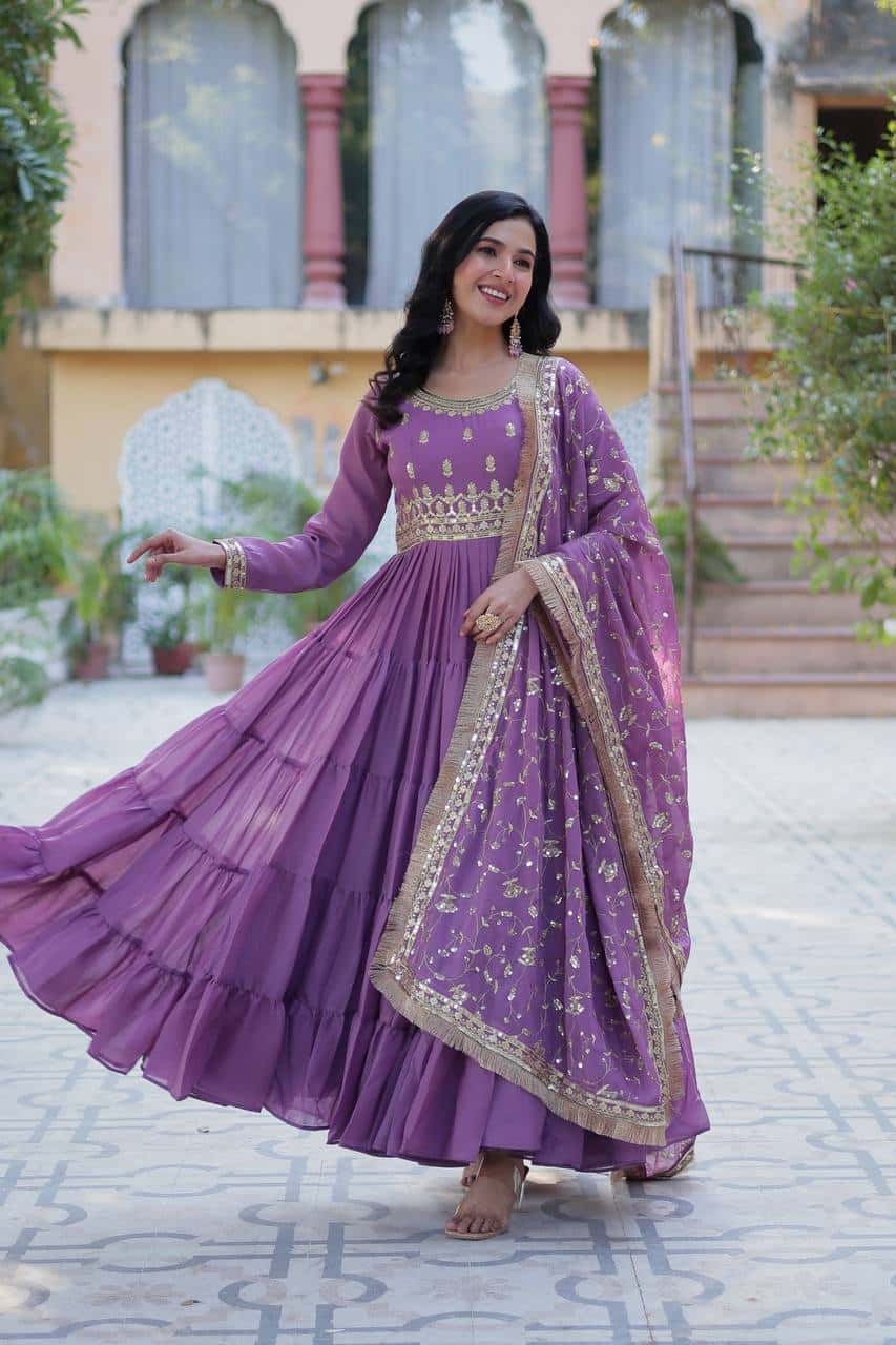 "Premium Star Georgette Gown with Rich Sequins Embroidery & Lace Dupatta "