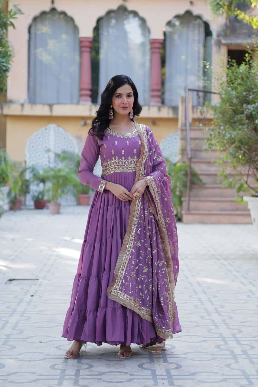 "Premium Star Georgette Gown with Rich Sequins Embroidery & Lace Dupatta "