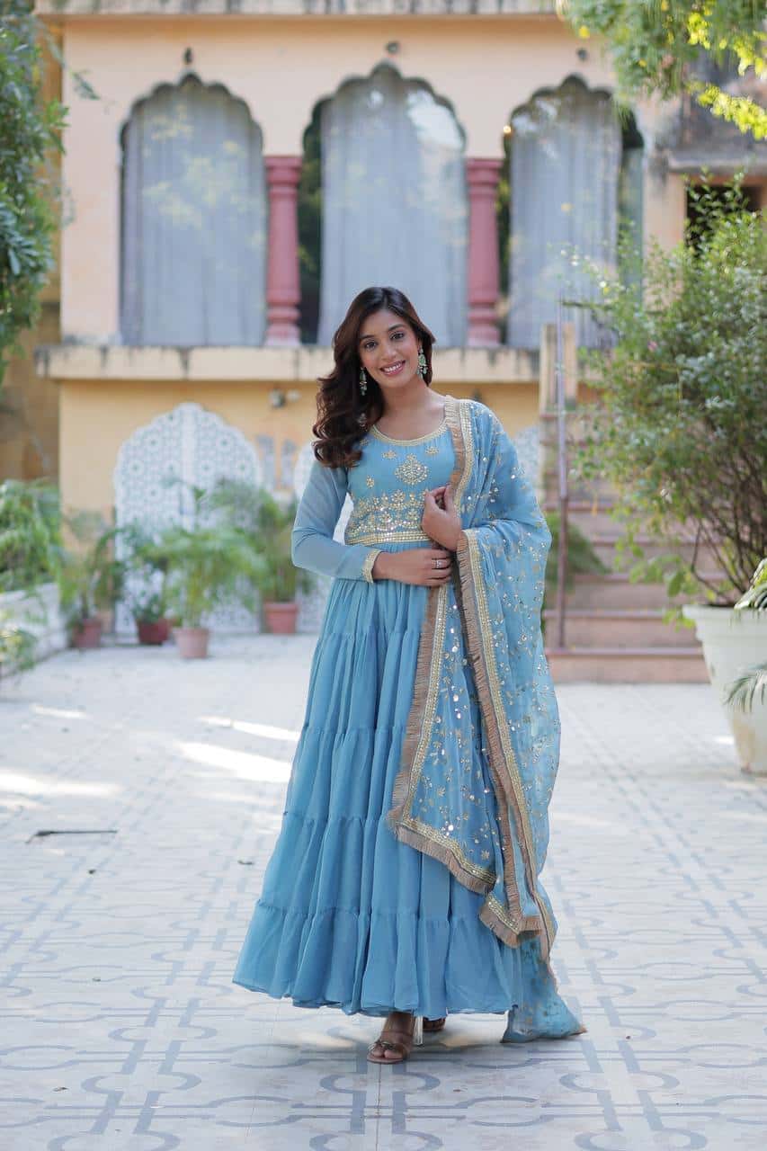 "Premium Star Georgette Gown with Rich Sequins Embroidery & Lace Dupatta "