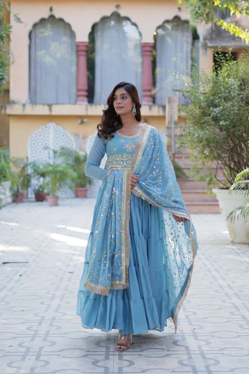 "Premium Star Georgette Gown with Rich Sequins Embroidery & Lace Dupatta "