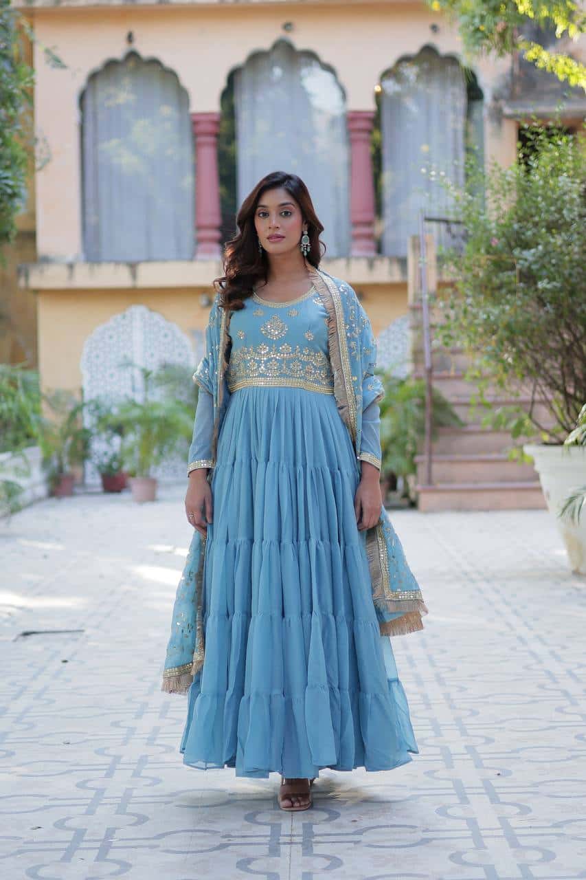 "Premium Star Georgette Gown with Rich Sequins Embroidery & Lace Dupatta "