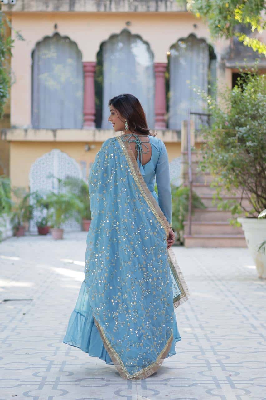 "Premium Star Georgette Gown with Rich Sequins Embroidery & Lace Dupatta "
