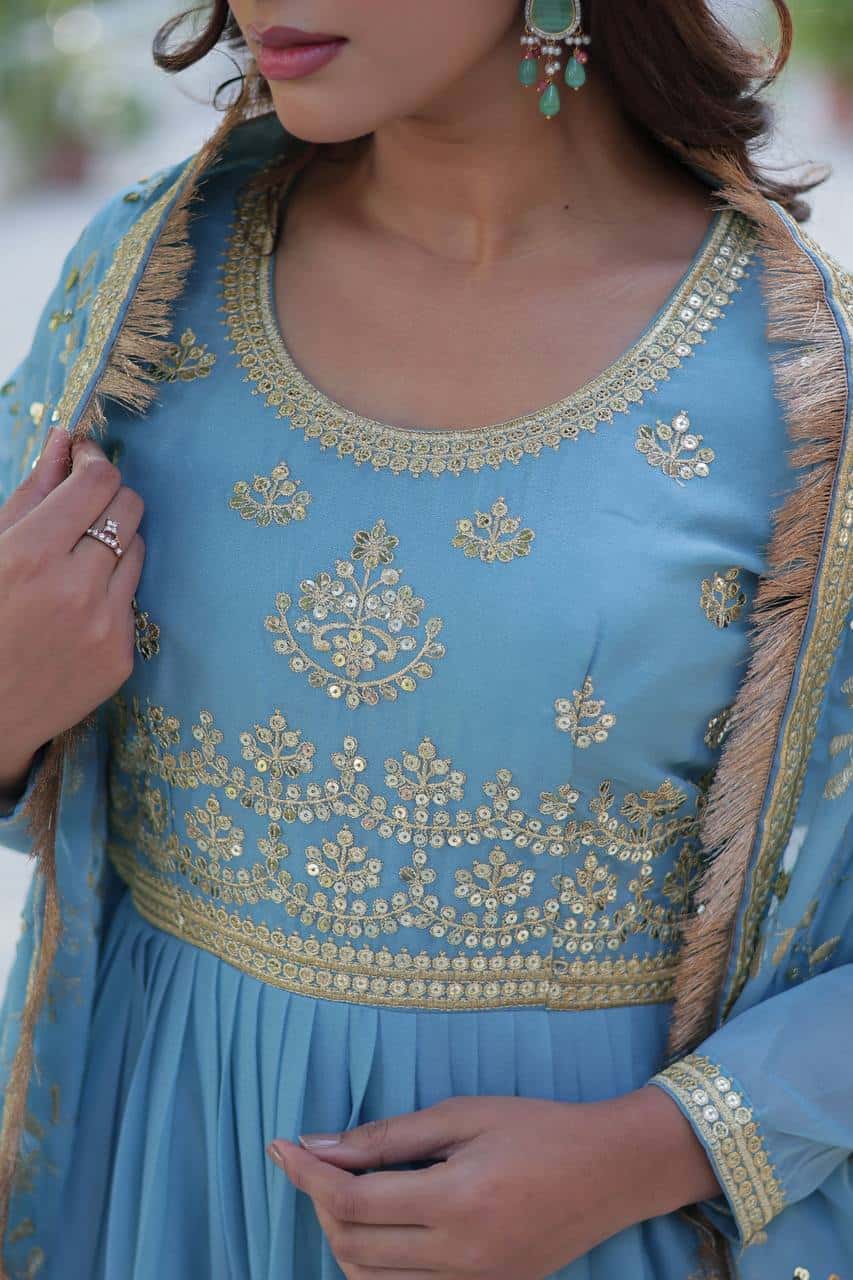 "Premium Star Georgette Gown with Rich Sequins Embroidery & Lace Dupatta "