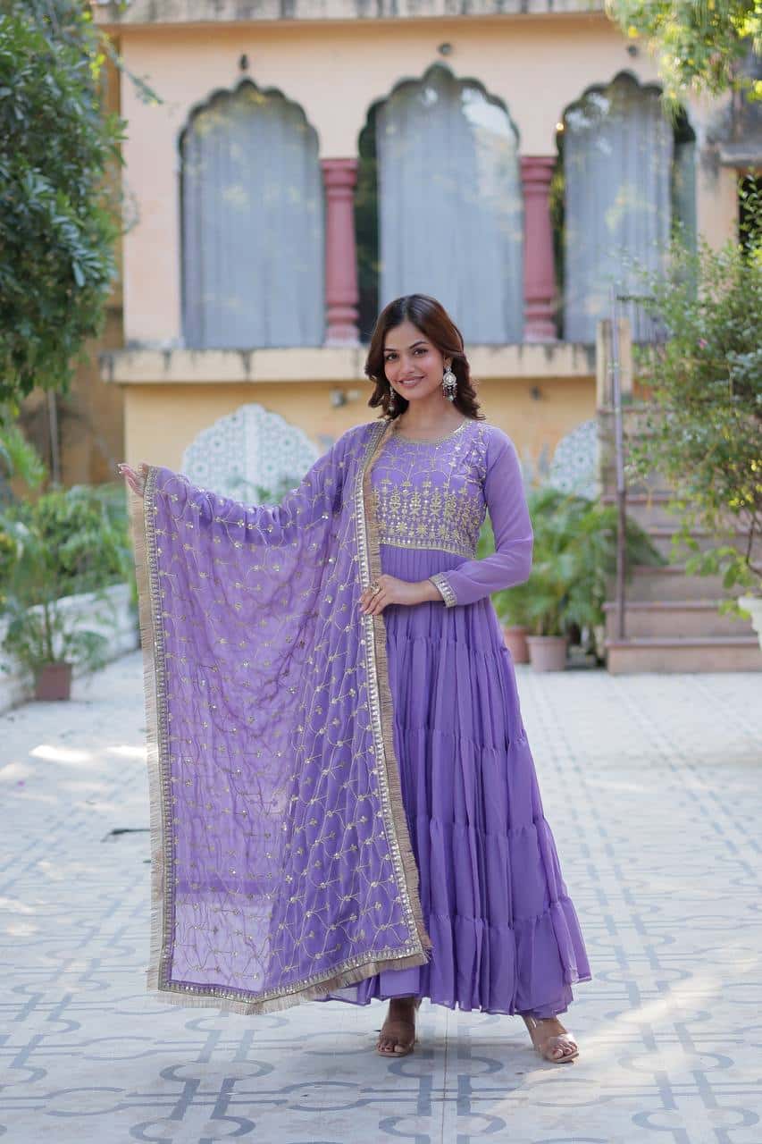 "Premium Star Georgette Gown with Rich Sequins Embroidery & Lace Dupatta "