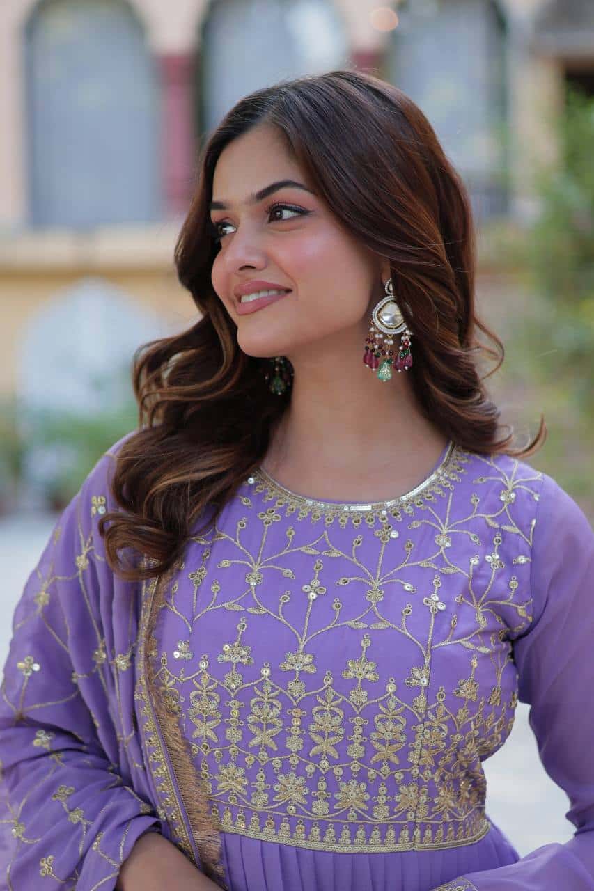 "Premium Star Georgette Gown with Rich Sequins Embroidery & Lace Dupatta "