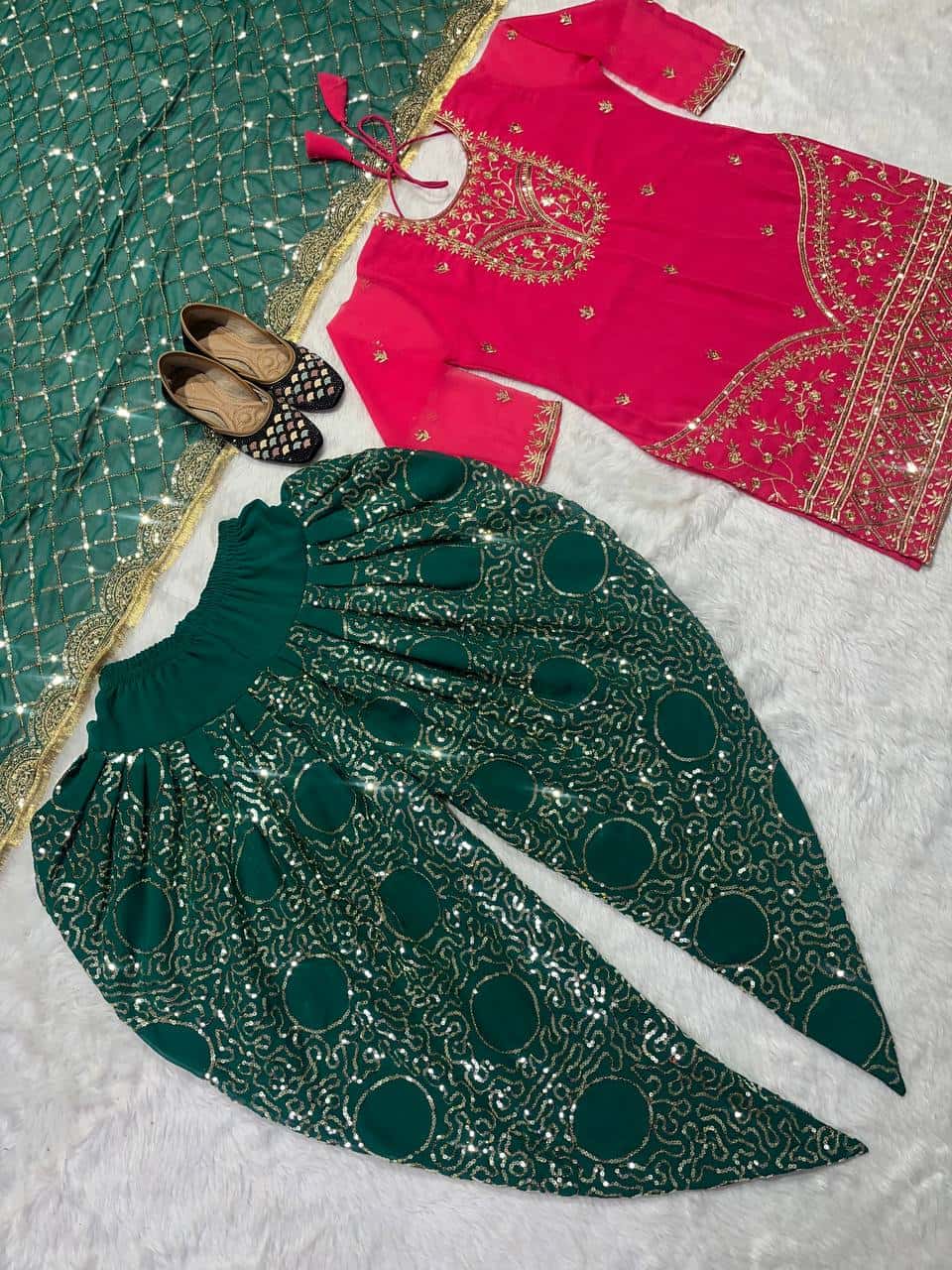 Beautiful faux georgette orange and green punjabi dhoti set