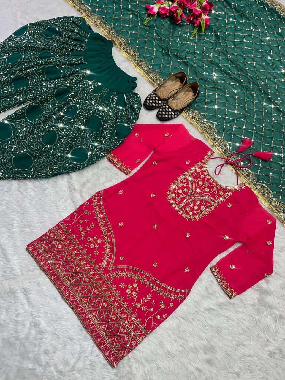 Beautiful faux georgette orange and green punjabi dhoti set