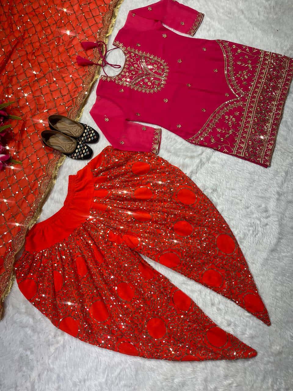Beautiful faux georgette orange and green punjabi dhoti set