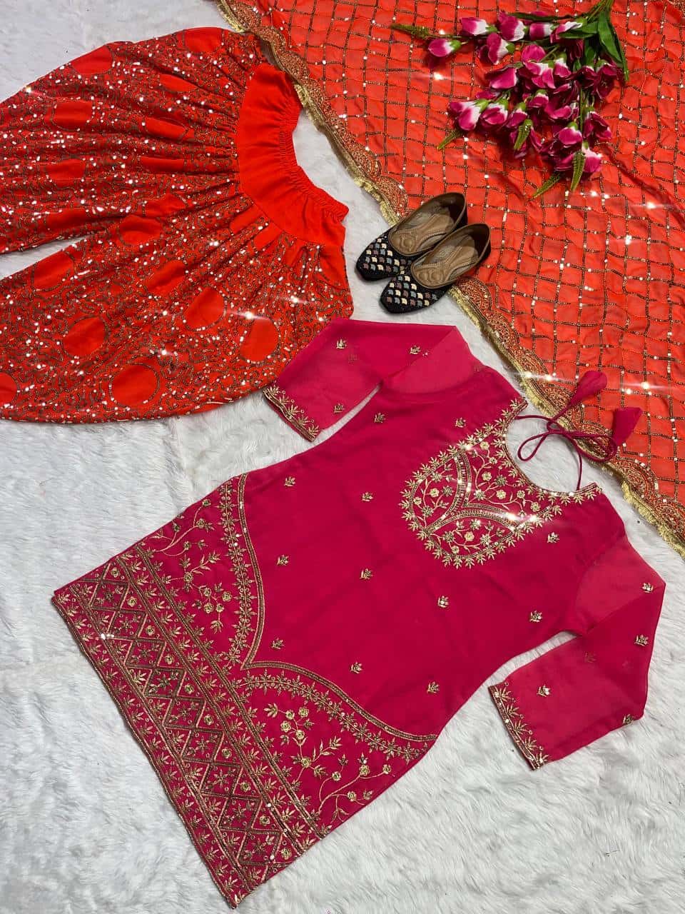 Beautiful faux georgette orange and green punjabi dhoti set