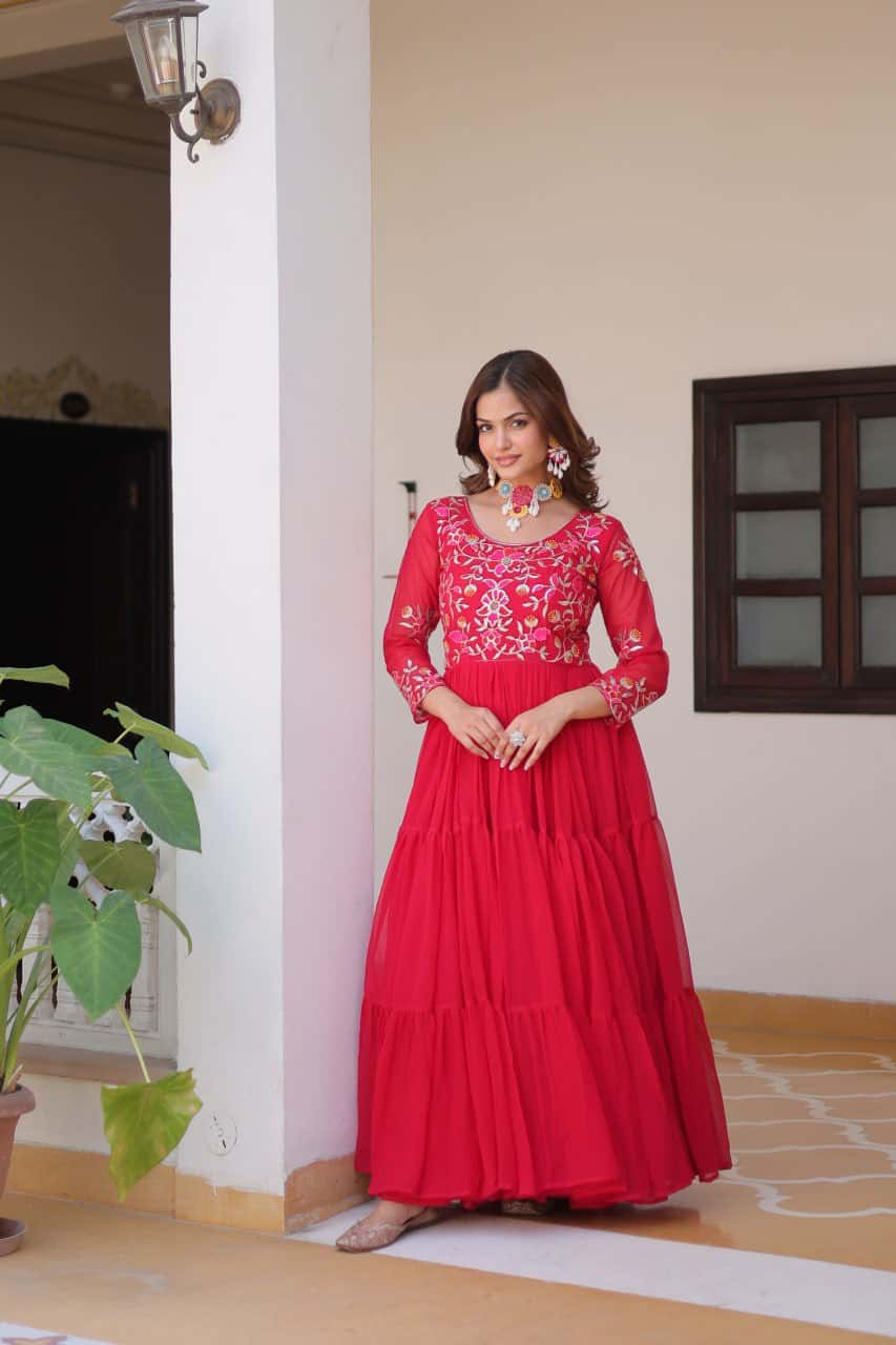 Full flared faux georgette hand embroidered gown