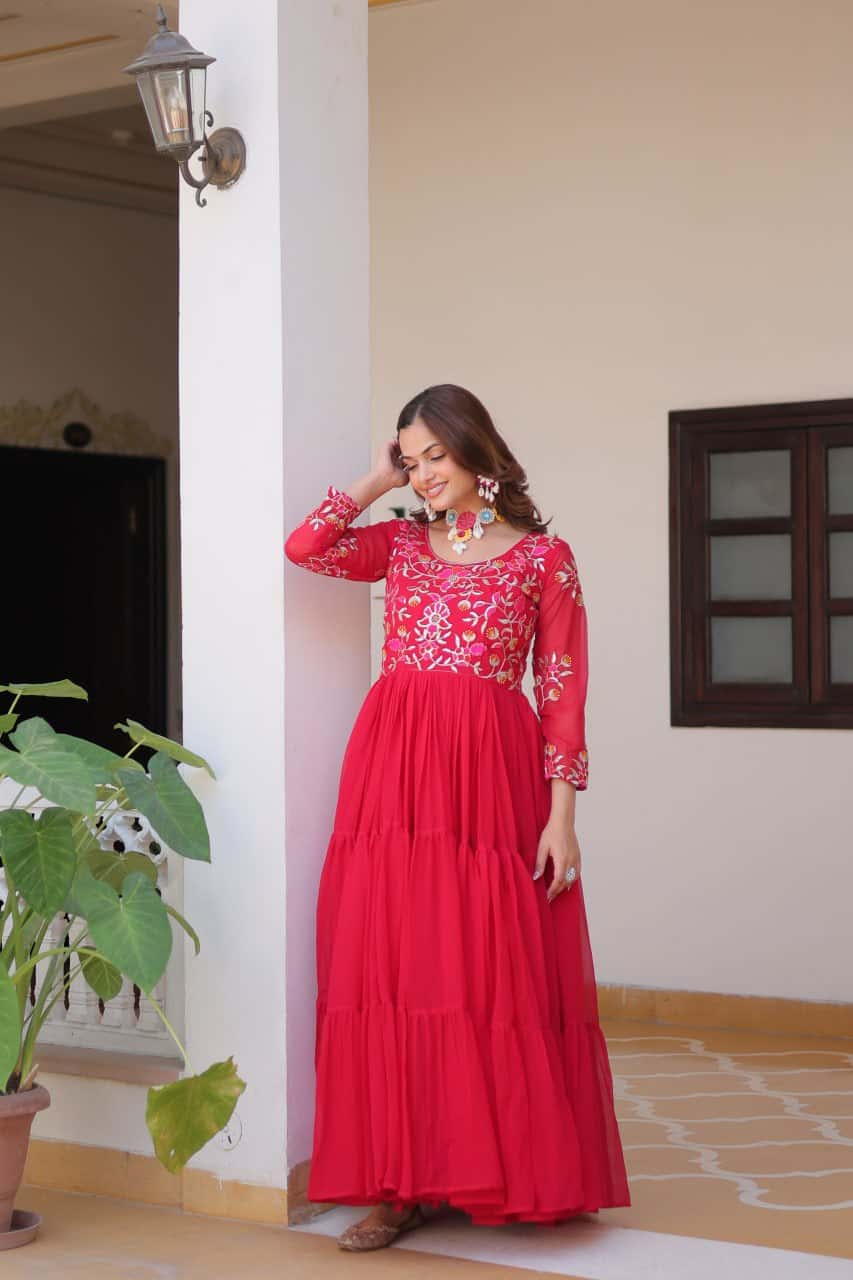 Full flared faux georgette hand embroidered gown