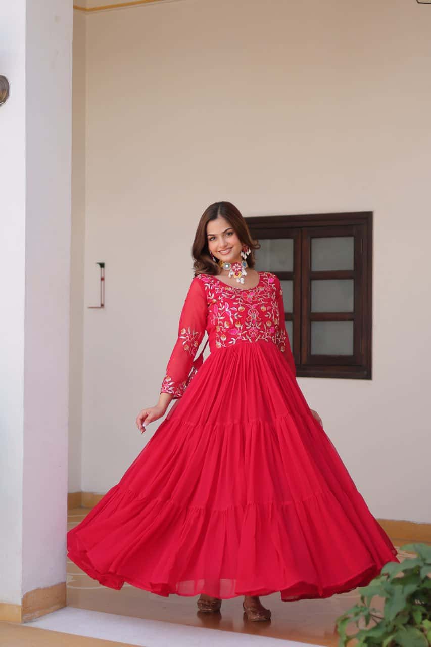 Full flared faux georgette hand embroidered gown