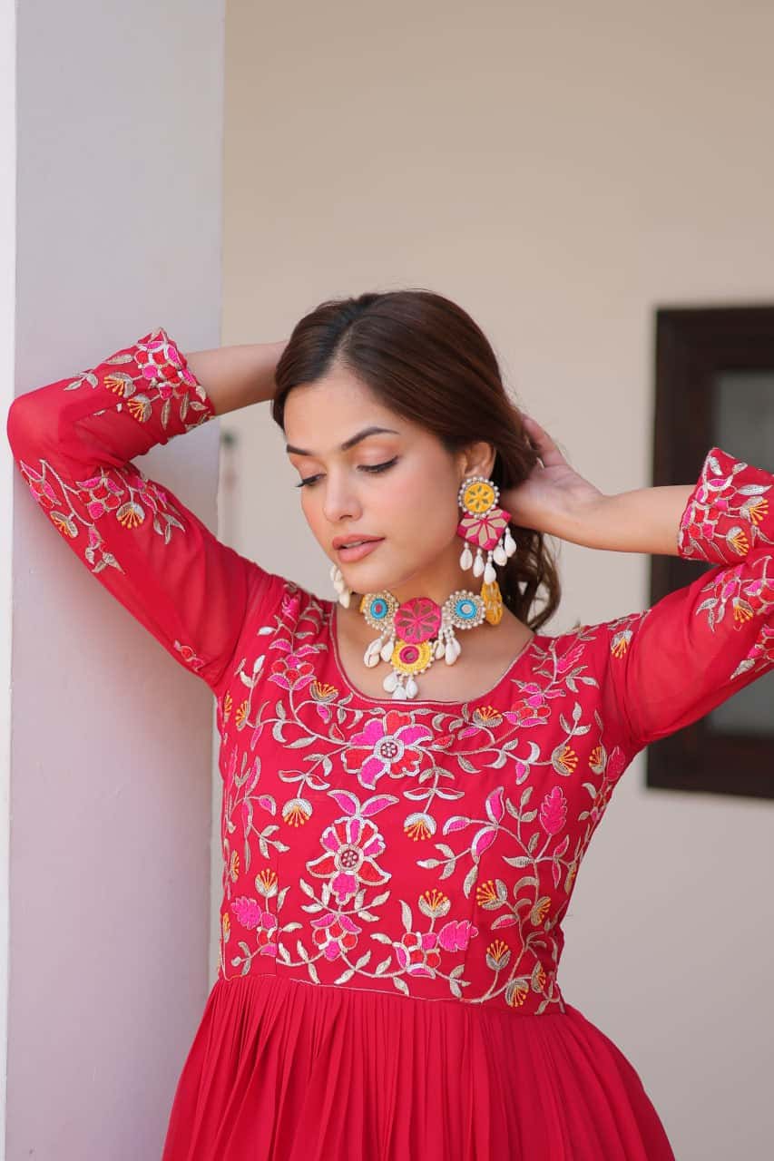 Full flared faux georgette hand embroidered gown