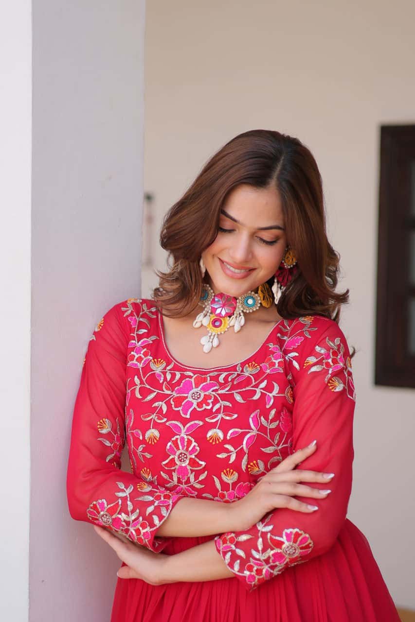Full flared faux georgette hand embroidered gown