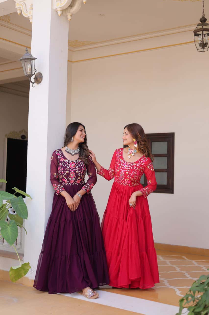 Full flared faux georgette hand embroidered gown
