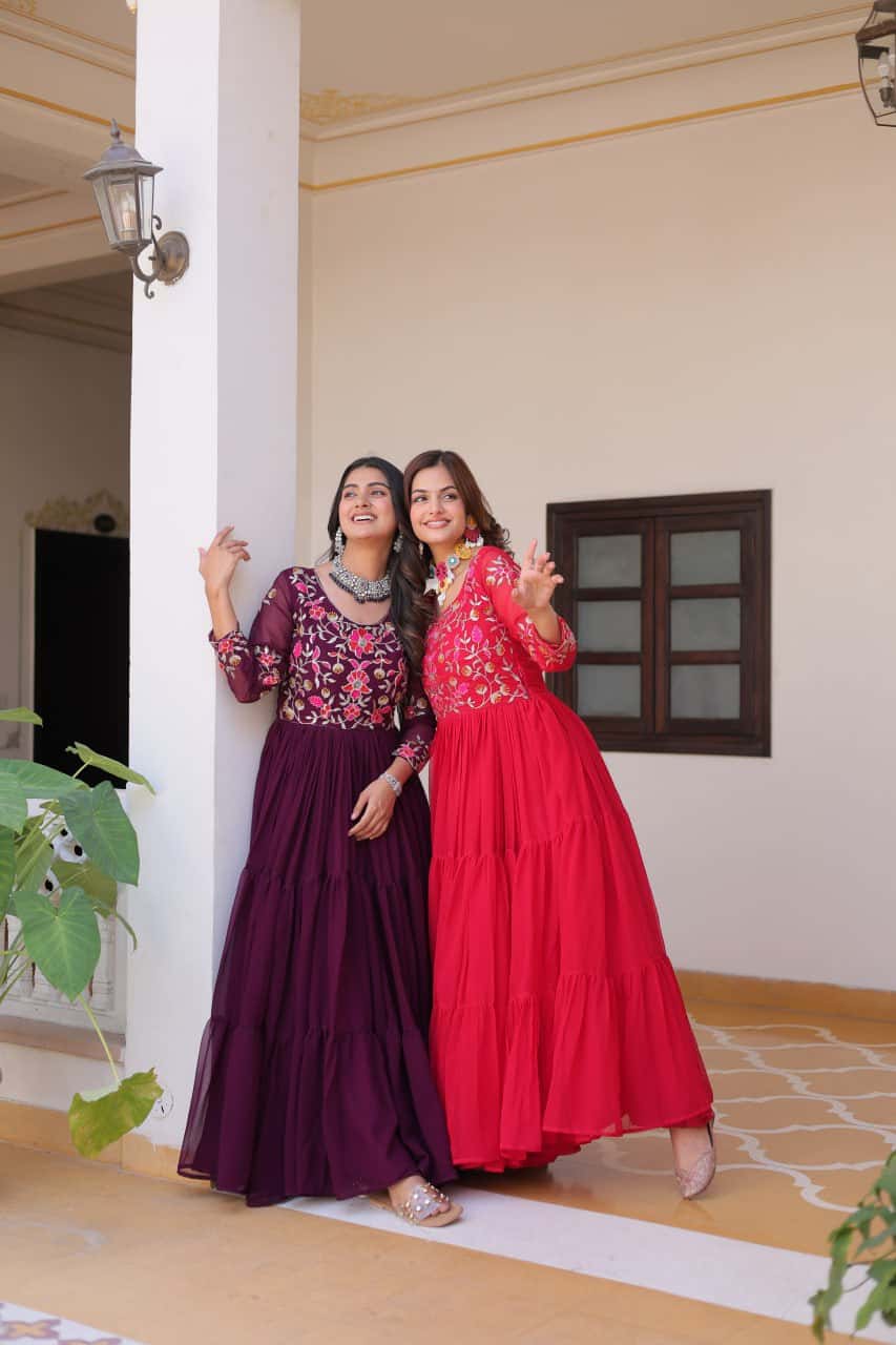Full flared faux georgette hand embroidered gown