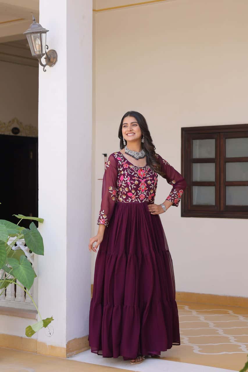 Full flared faux georgette hand embroidered gown