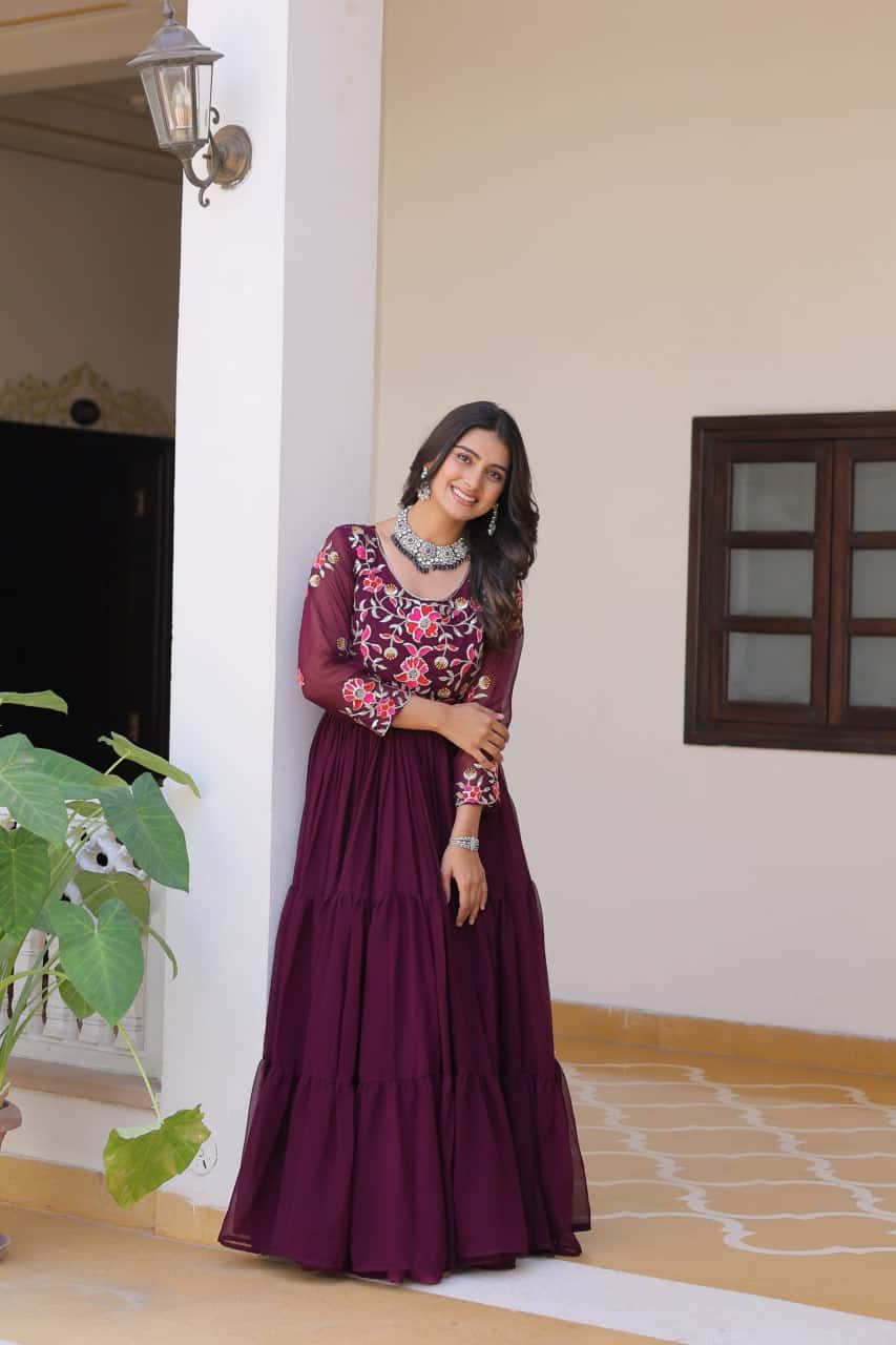 Full flared faux georgette hand embroidered gown