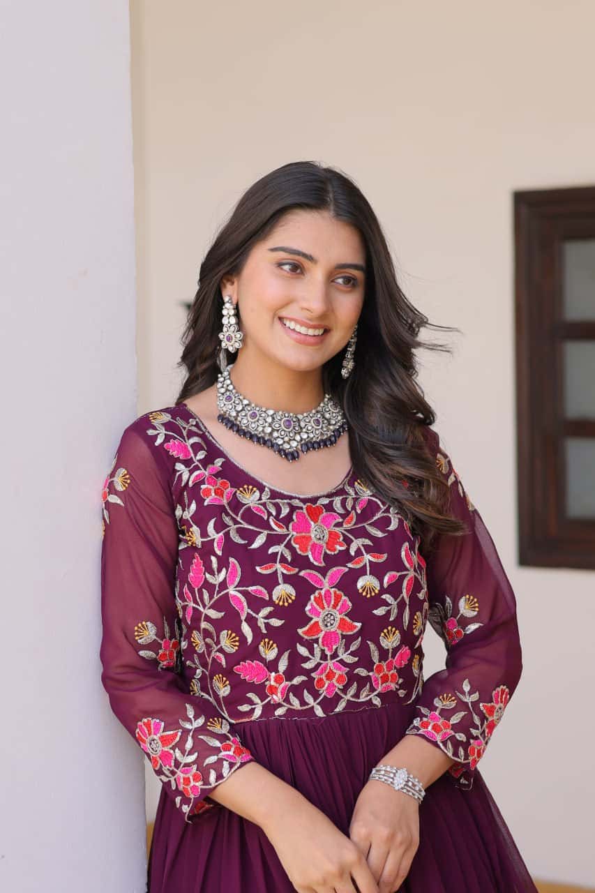 Full flared faux georgette hand embroidered gown