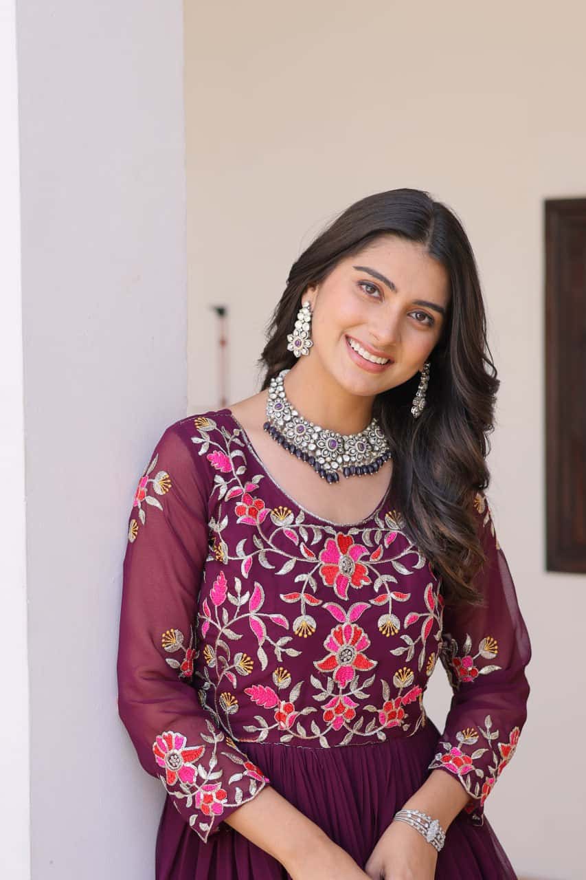 Full flared faux georgette hand embroidered gown