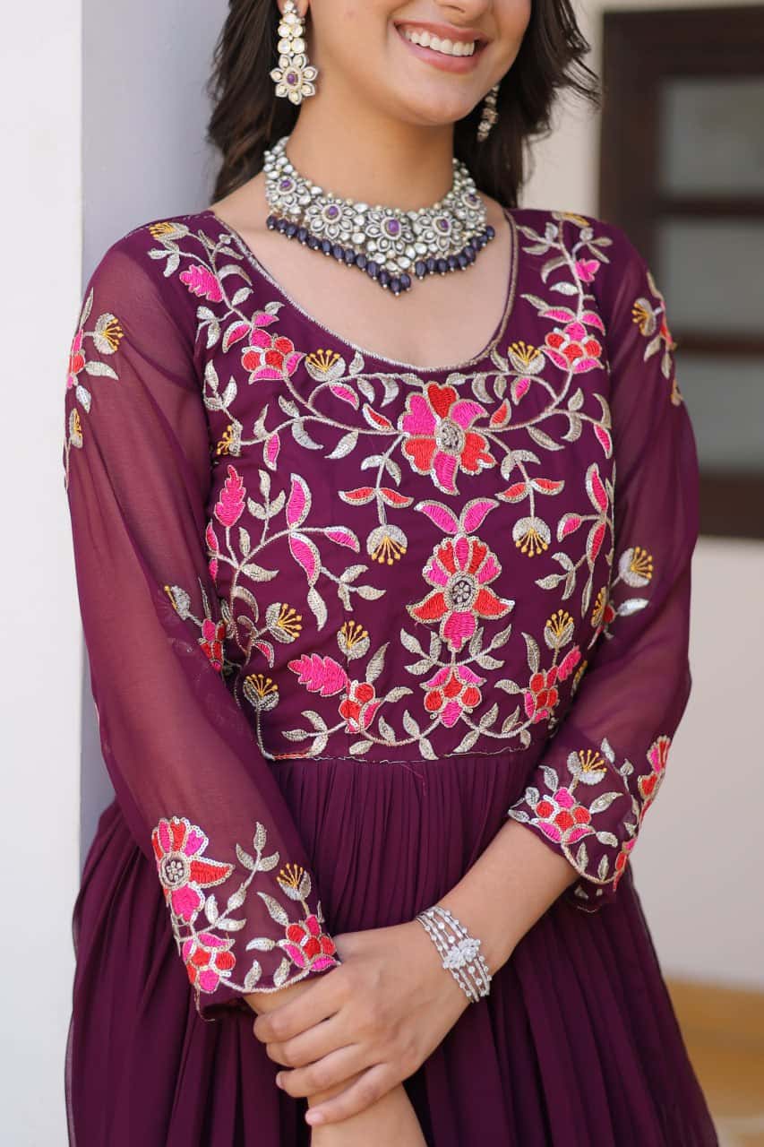 Full flared faux georgette hand embroidered gown
