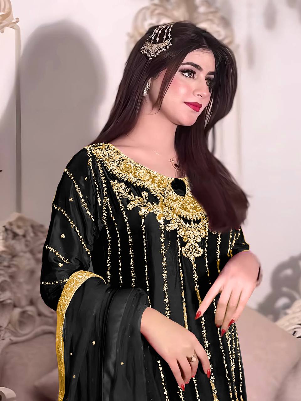 Elegant Embroidered Chinon Silk Suit Set