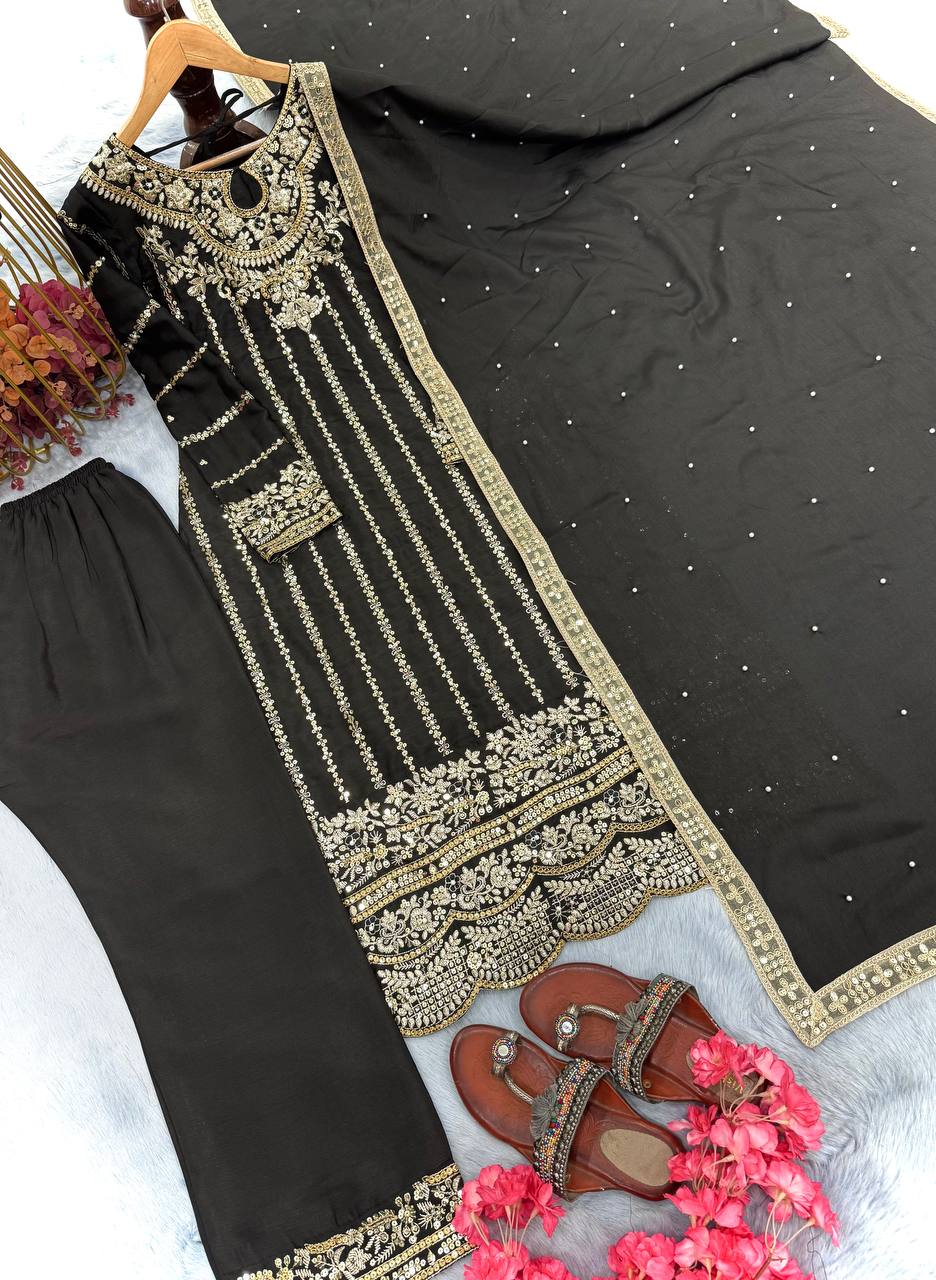 Elegant Embroidered Chinon Silk Suit Set