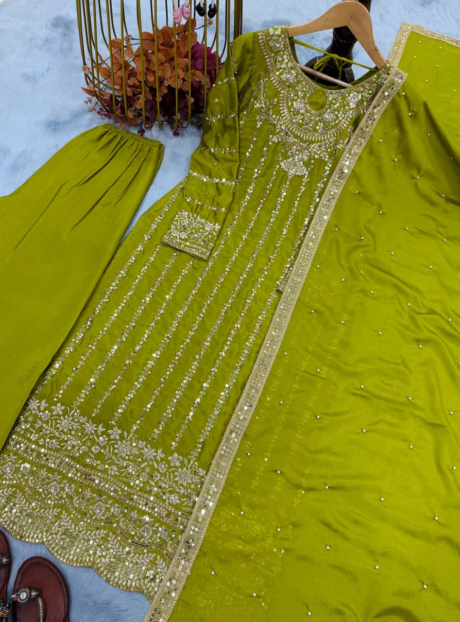 Elegant Embroidered Chinon Silk Suit Set