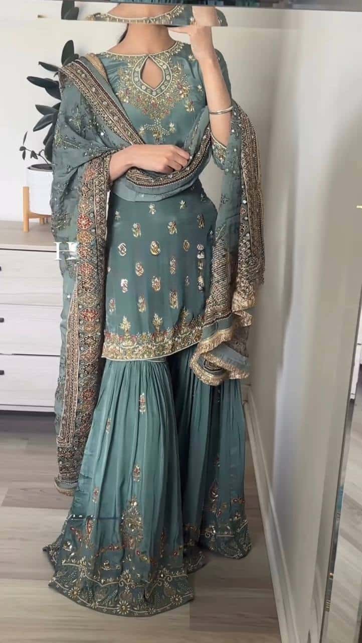 Heavy Faux Georgette Kurta and Sharara with Dupatta Set