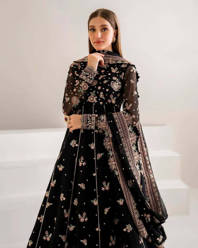 "Elegant Heavy Georgette Gown & Sharara Set with Sequence & Thread Embroidery – Fully Stitched"