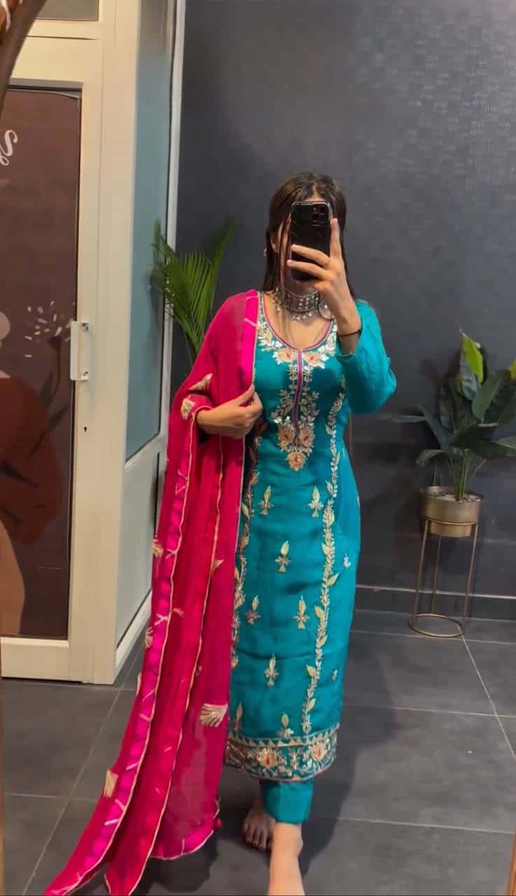 "Elegant Heavy Chinnon Silk Embroidered Set with Full Sleeves & Sequence Work"