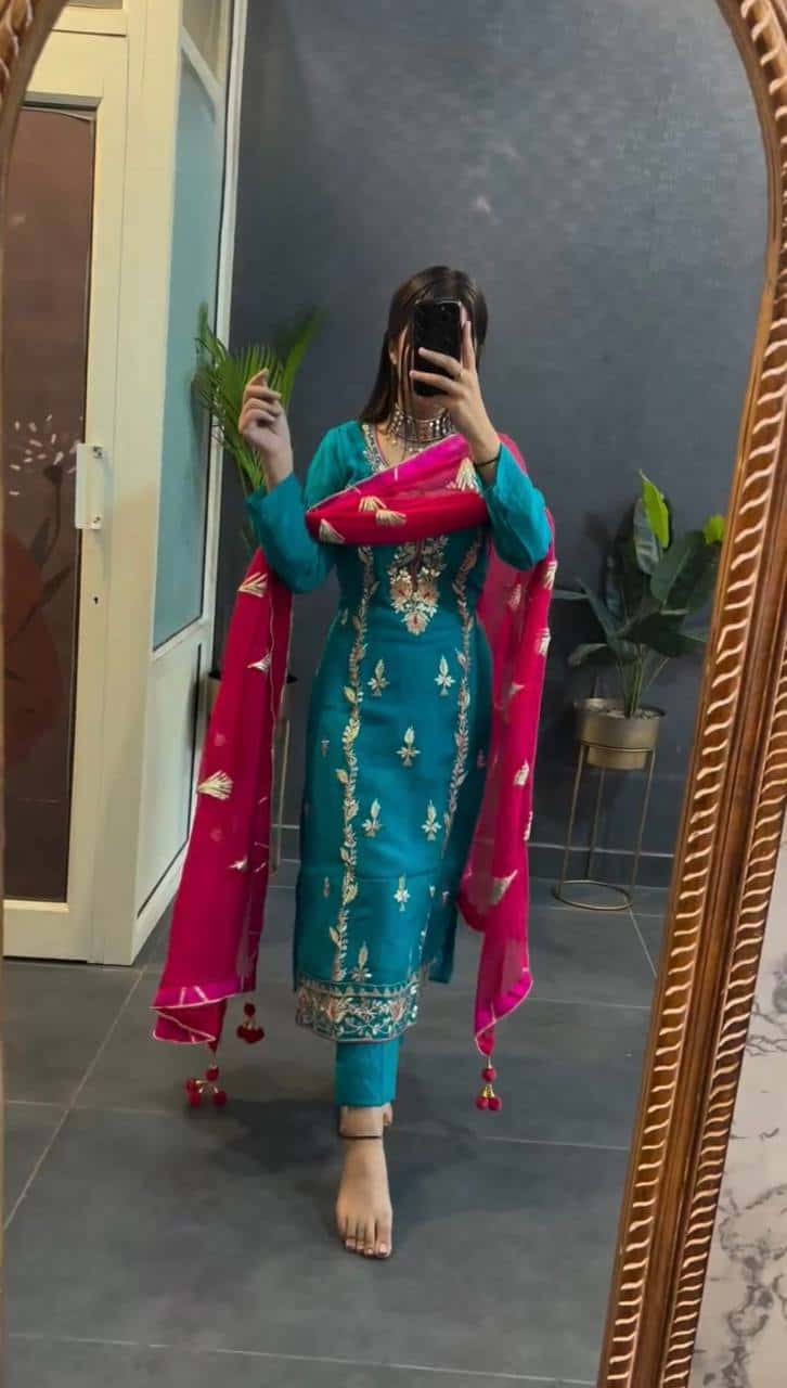 "Elegant Heavy Chinnon Silk Embroidered Set with Full Sleeves & Sequence Work"