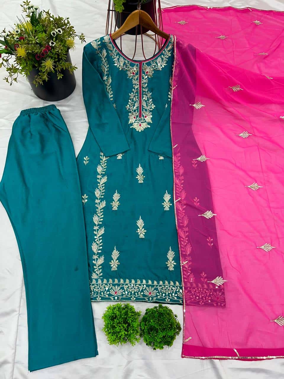 "Elegant Heavy Chinnon Silk Embroidered Set with Full Sleeves & Sequence Work"
