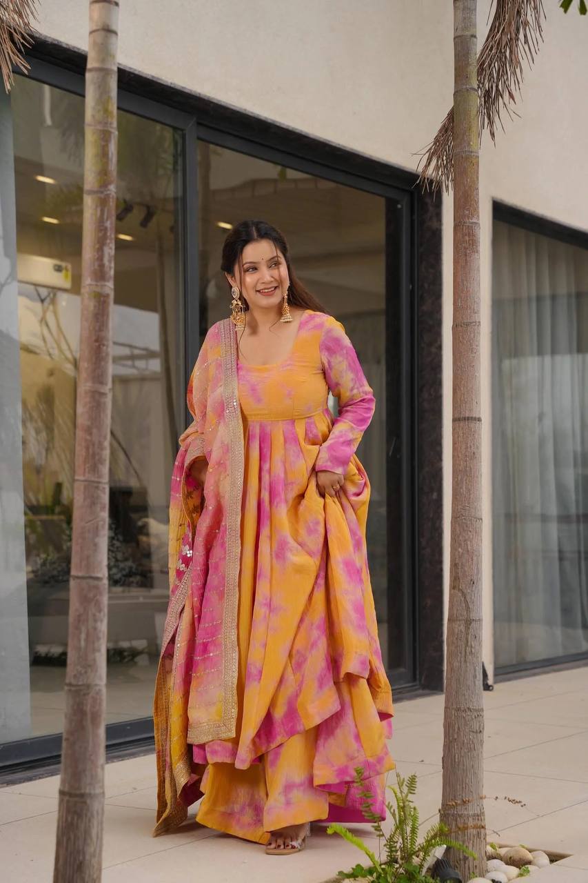 Designer Vichitra Silk Printed Gown with Plazzo & Embroidered Dupatta