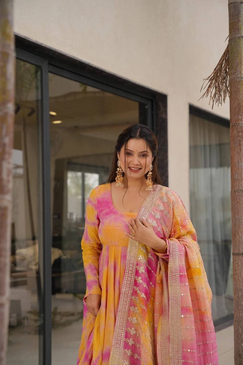Designer Vichitra Silk Printed Gown with Plazzo & Embroidered Dupatta
