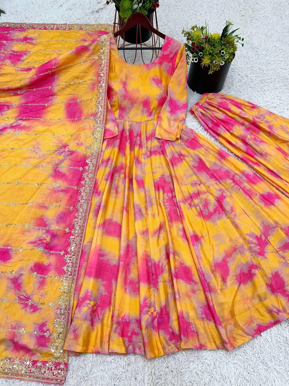 Designer Vichitra Silk Printed Gown with Plazzo & Embroidered Dupatta