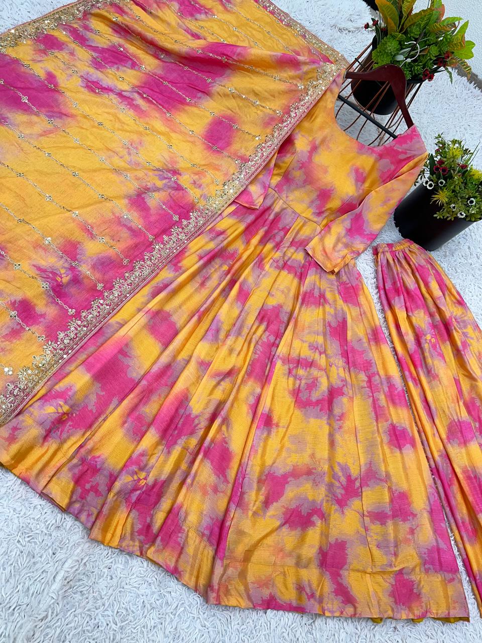 Designer Vichitra Silk Printed Gown with Plazzo & Embroidered Dupatta