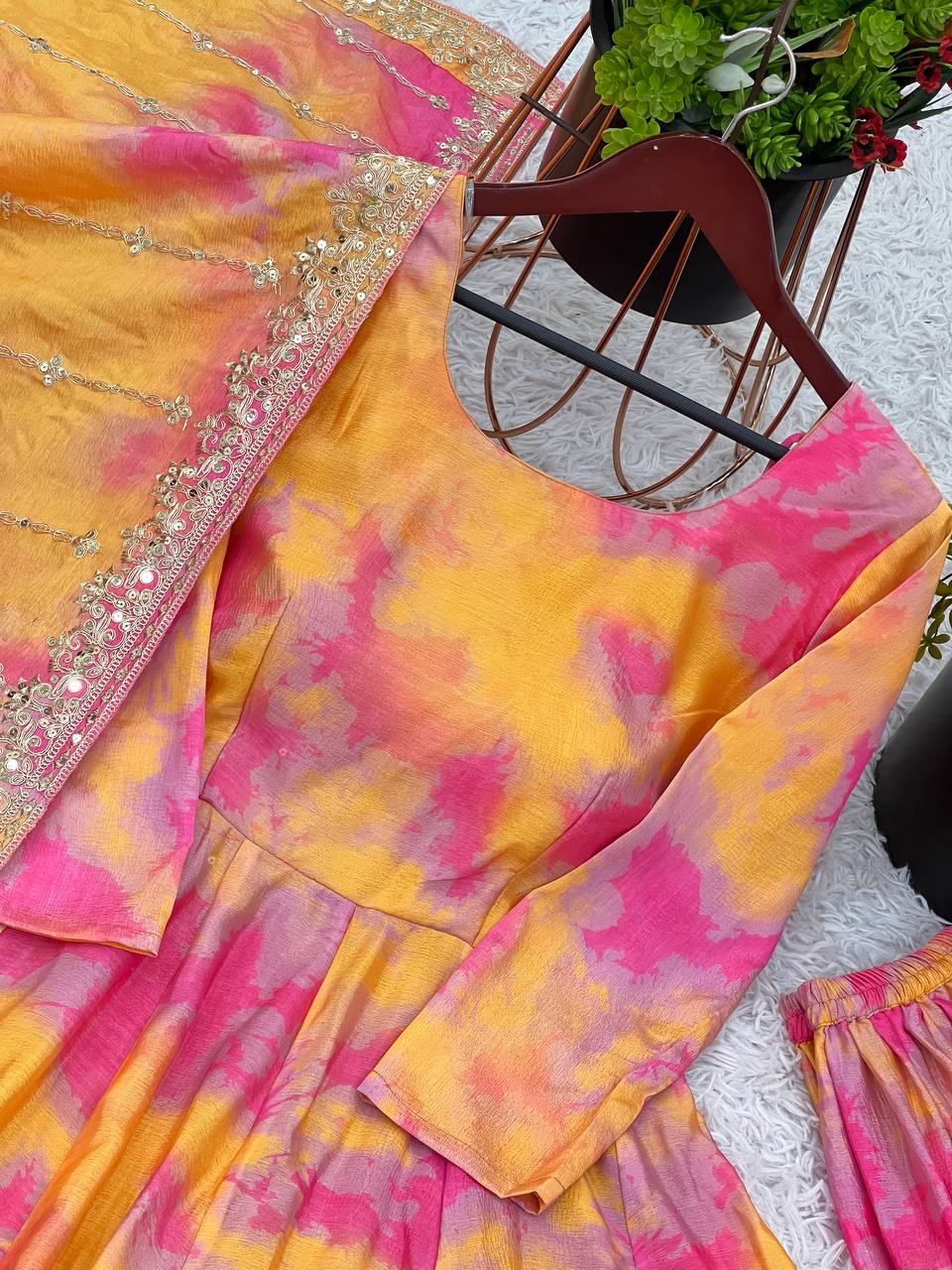Designer Vichitra Silk Printed Gown with Plazzo & Embroidered Dupatta