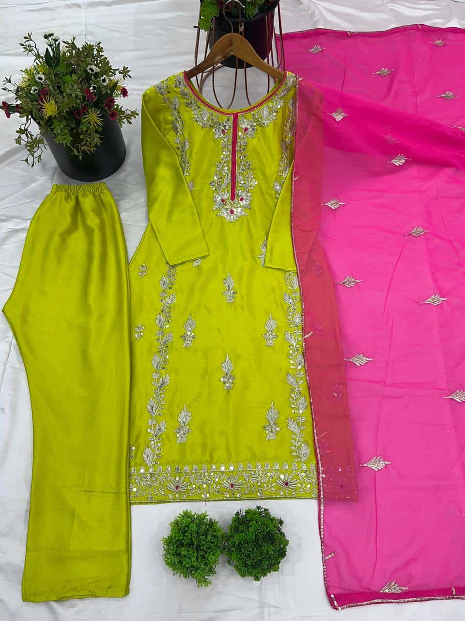 "Elegant Heavy Chinnon Silk Embroidered Set with Full Sleeves & Sequence Work"
